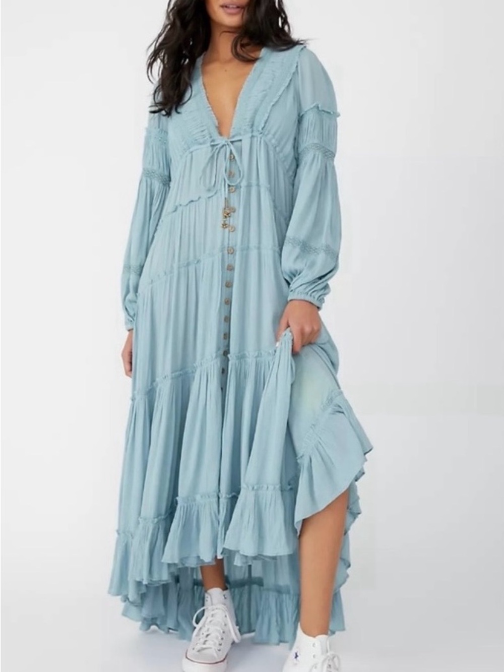 Free People Cassis Dusty Blue High-Low Tiered Maxi Dress XS NWOT.